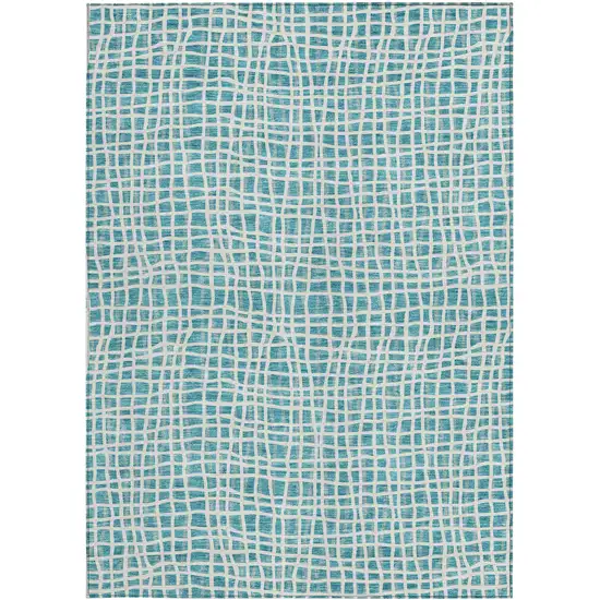 Teal Blue And Ivory Striped Washable Indoor Outdoor Area Rug Photo 5