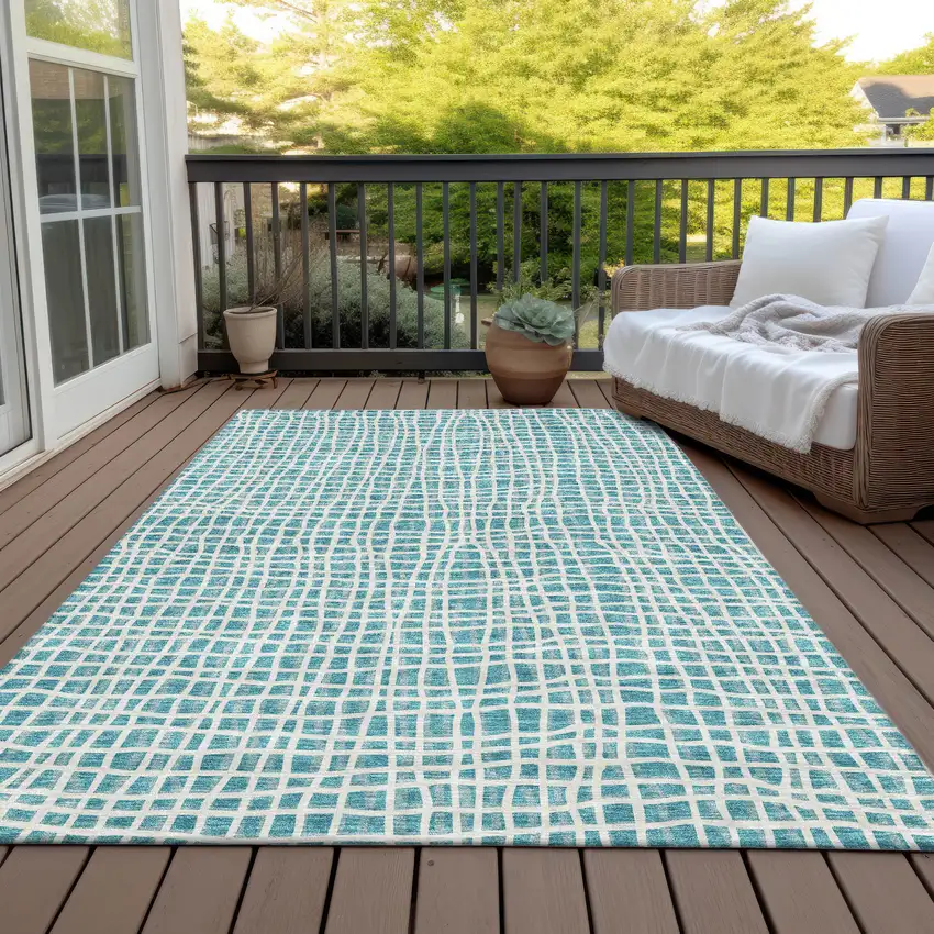 Teal Blue And Ivory Striped Washable Indoor Outdoor Area Rug Photo 7