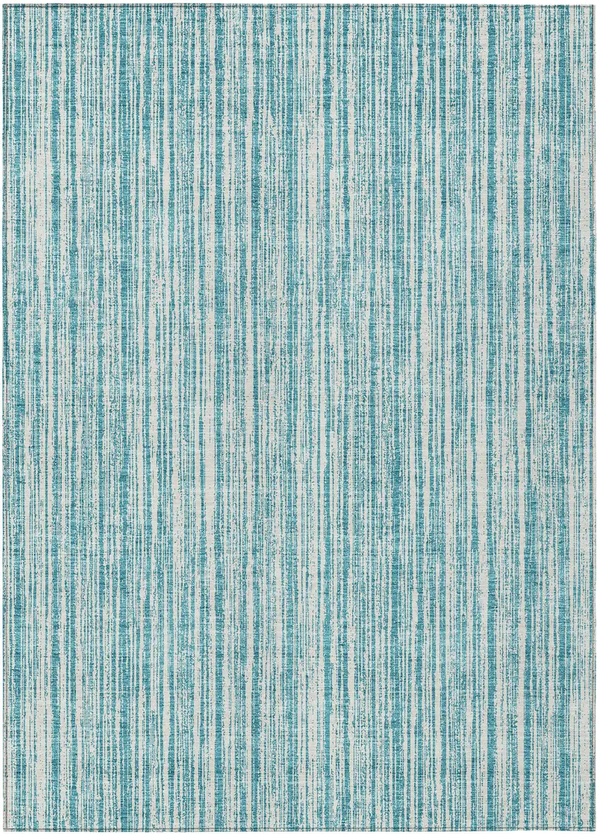 Teal Blue And Ivory Striped Washable Indoor Outdoor Area Rug Photo 2