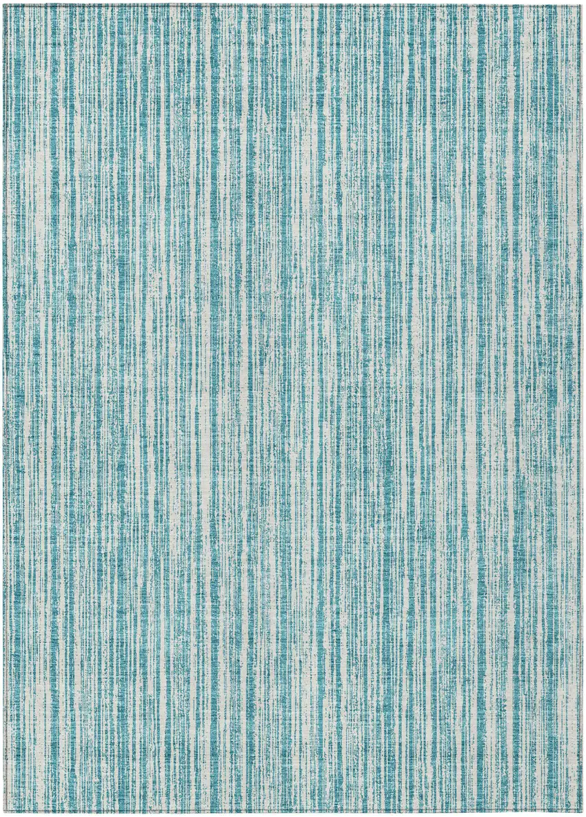 Teal Blue And Ivory Striped Washable Indoor Outdoor Area Rug Photo 2