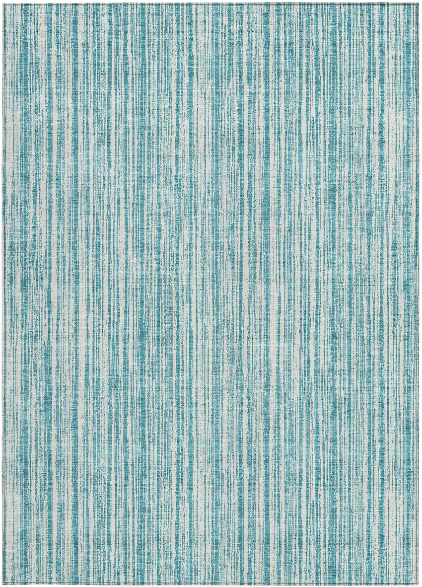 Teal Blue And Ivory Striped Washable Indoor Outdoor Area Rug Photo 6