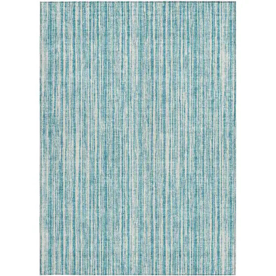 Teal Blue And Ivory Striped Washable Indoor Outdoor Area Rug Photo 6