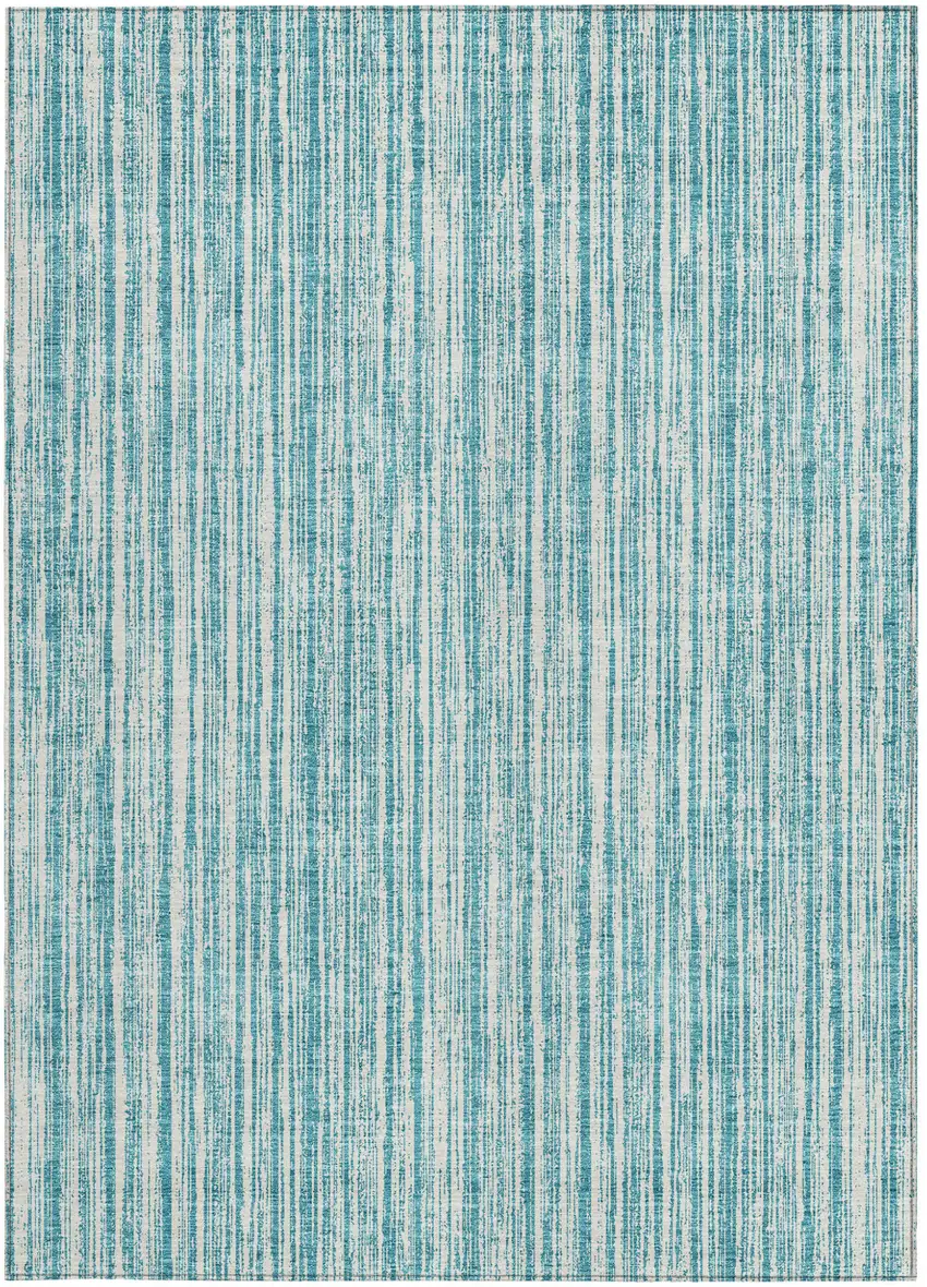 Teal Blue And Ivory Striped Washable Indoor Outdoor Area Rug Photo 6