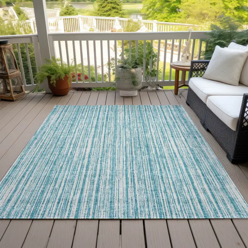 Teal Blue And Ivory Striped Washable Indoor Outdoor Area Rug Photo 7