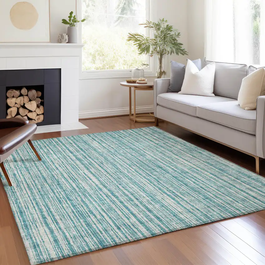 Teal Blue And Ivory Striped Washable Indoor Outdoor Area Rug Photo 7