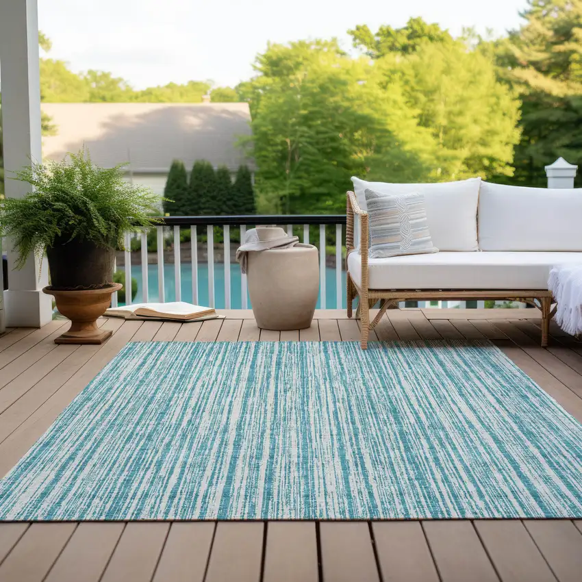 Teal Blue And Ivory Striped Washable Indoor Outdoor Area Rug Photo 9