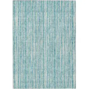 Photo of Teal Blue And Ivory Striped Washable Indoor Outdoor Area Rug