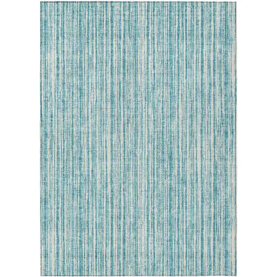 Teal Blue And Ivory Striped Washable Indoor Outdoor Area Rug Photo 1