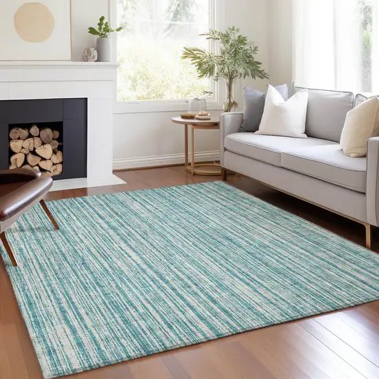 Teal Blue And Ivory Striped Washable Indoor Outdoor Area Rug Photo 7