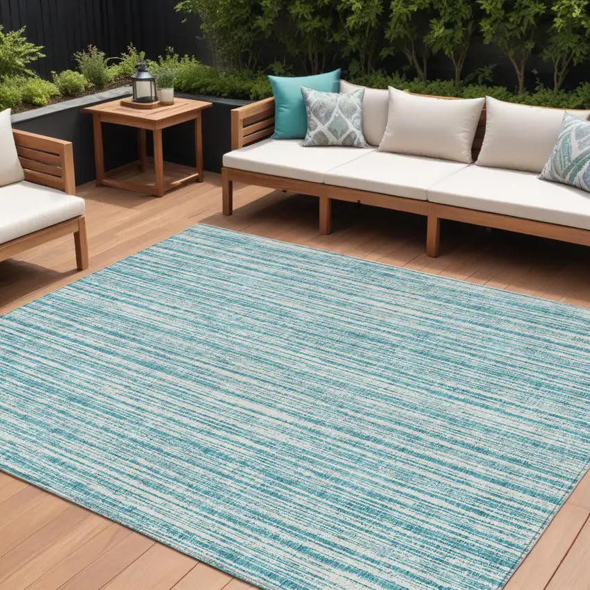 Teal Blue And Ivory Striped Washable Indoor Outdoor Area Rug Photo 1