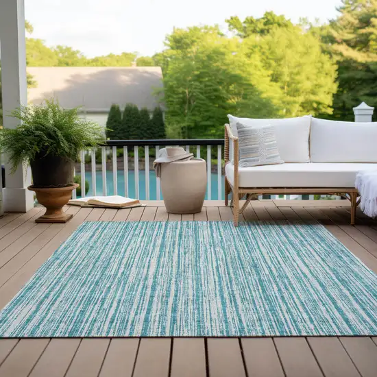 Teal Blue And Ivory Striped Washable Indoor Outdoor Area Rug Photo 9