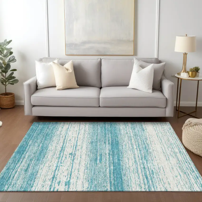 Teal Blue And Ivory Striped Washable Indoor Outdoor Area Rug Photo 9