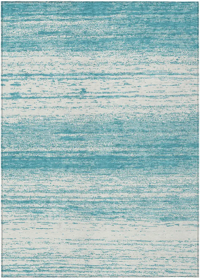 Teal Blue And Ivory Striped Washable Indoor Outdoor Area Rug Photo 2