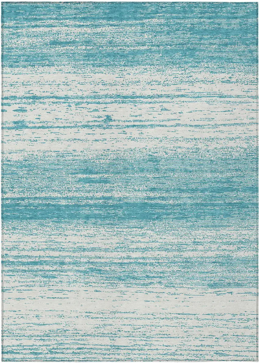 Teal Blue And Ivory Striped Washable Indoor Outdoor Area Rug Photo 2