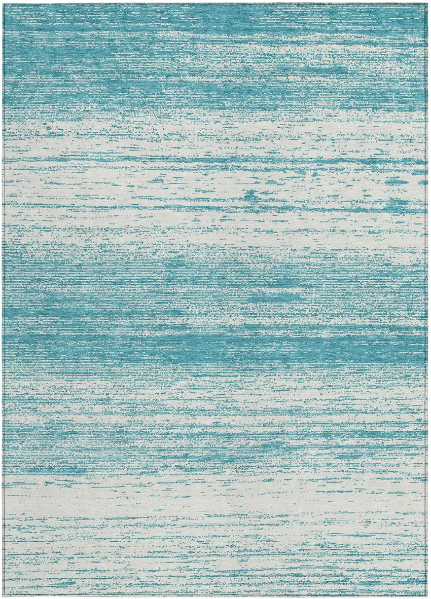 Teal Blue And Ivory Striped Washable Indoor Outdoor Area Rug Photo 7