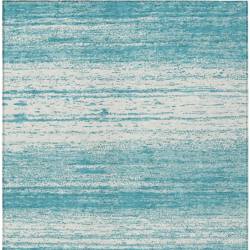 Teal Blue And Ivory Striped Washable Indoor Outdoor Area Rug Photo 6