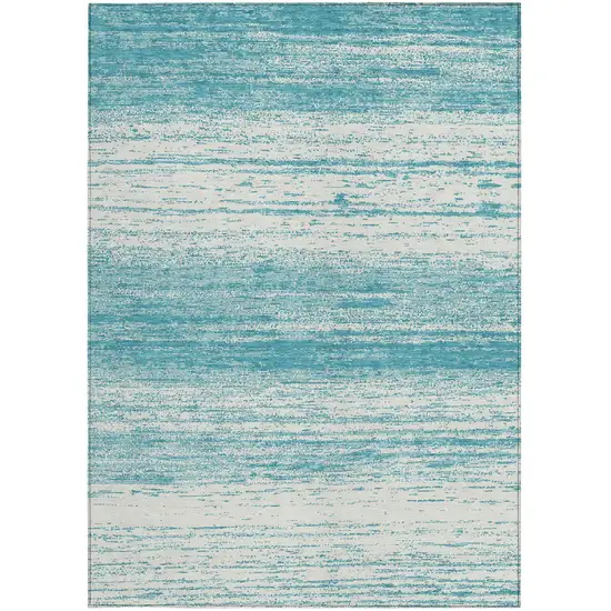Teal Blue And Ivory Striped Washable Indoor Outdoor Area Rug Photo 7
