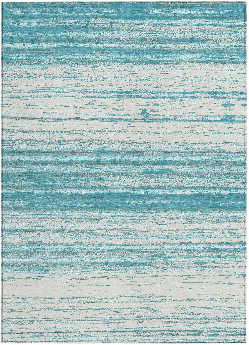 Teal Blue And Ivory Striped Washable Indoor Outdoor Area Rug Photo 7