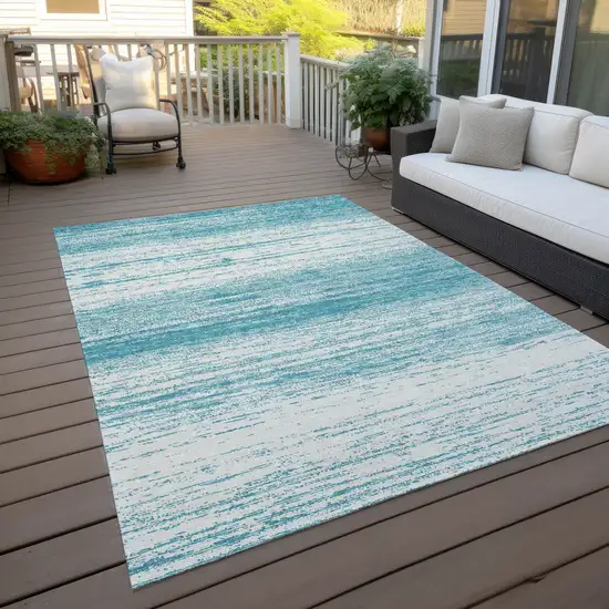 Teal Blue And Ivory Striped Washable Indoor Outdoor Area Rug Photo 7