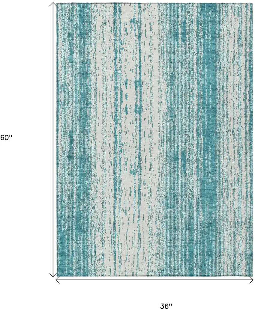 Teal Blue And Ivory Striped Washable Indoor Outdoor Area Rug Photo 3