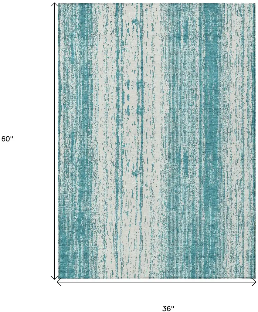Teal Blue And Ivory Striped Washable Indoor Outdoor Area Rug Photo 3