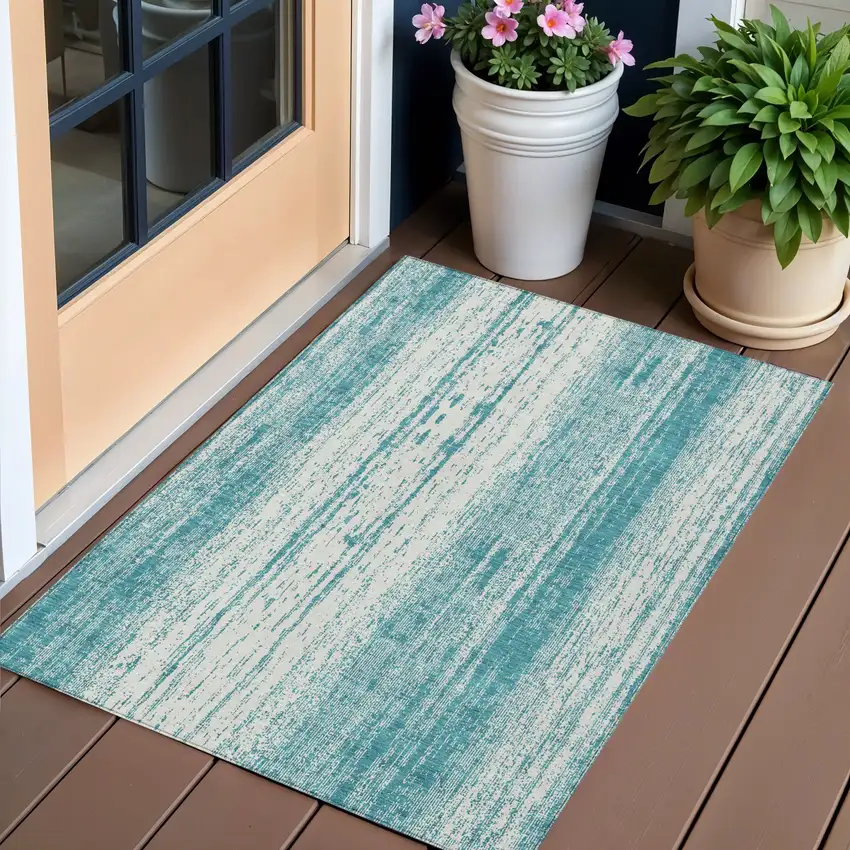 Teal Blue And Ivory Striped Washable Indoor Outdoor Area Rug Photo 1