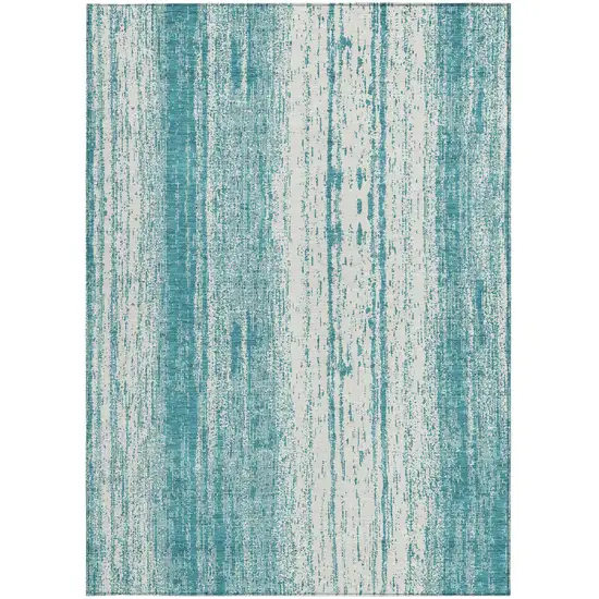 Teal Blue And Ivory Striped Washable Indoor Outdoor Area Rug Photo 7