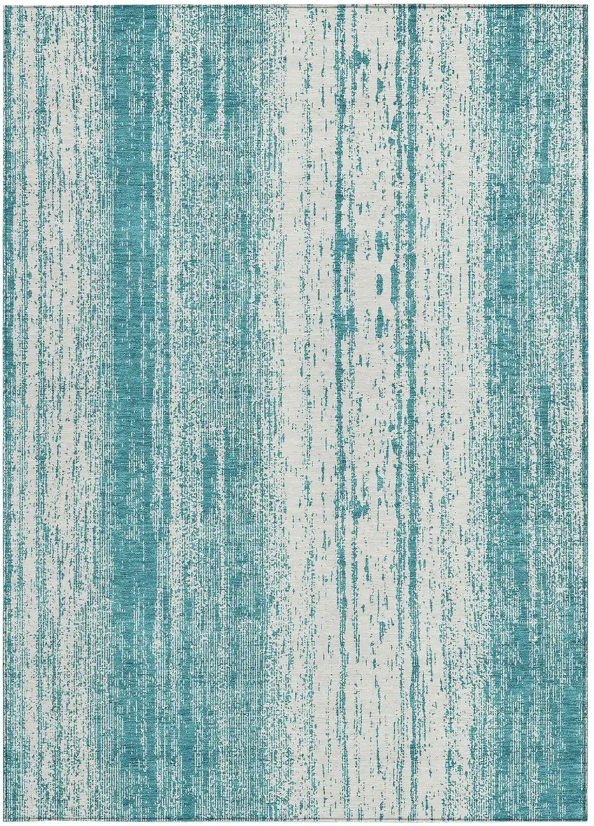 Teal Blue And Ivory Striped Washable Indoor Outdoor Area Rug Photo 7