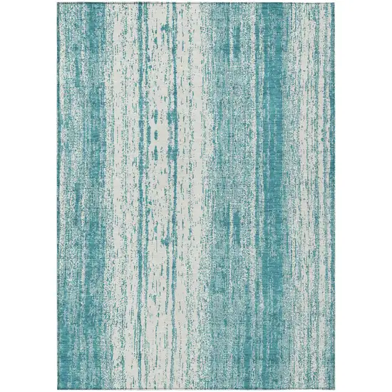 Teal Blue And Ivory Striped Washable Indoor Outdoor Area Rug Photo 2