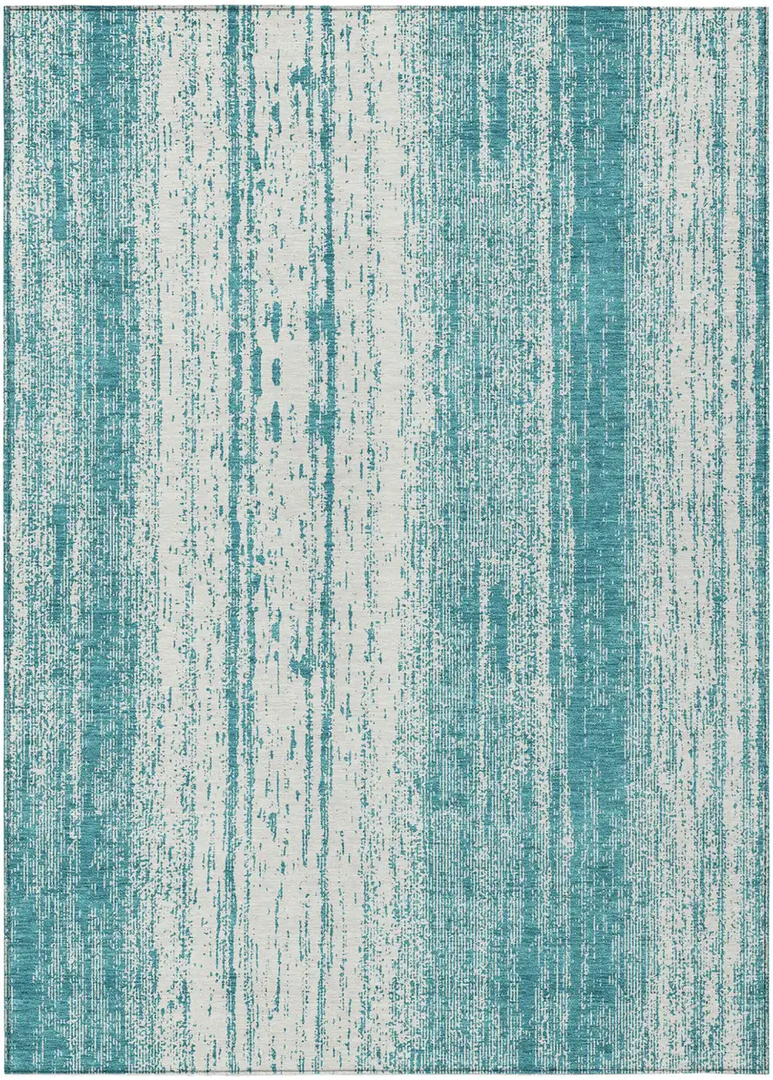 Teal Blue And Ivory Striped Washable Indoor Outdoor Area Rug Photo 2