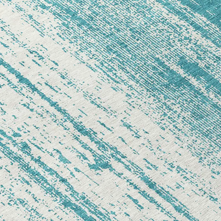 Teal Blue And Ivory Striped Washable Indoor Outdoor Area Rug Photo 7
