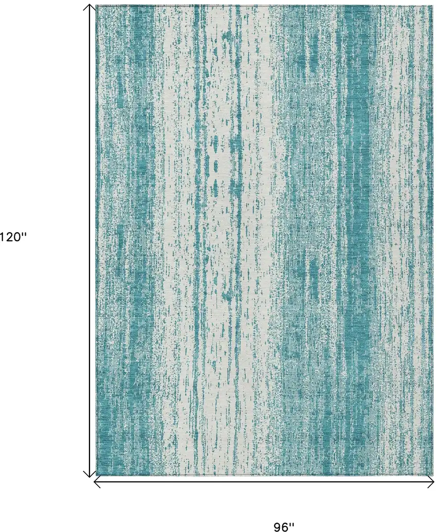 Teal Blue And Ivory Striped Washable Indoor Outdoor Area Rug Photo 3