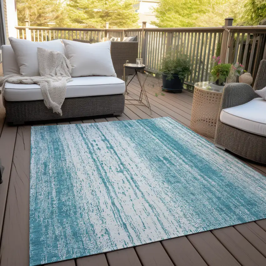 Teal Blue And Ivory Striped Washable Indoor Outdoor Area Rug Photo 9