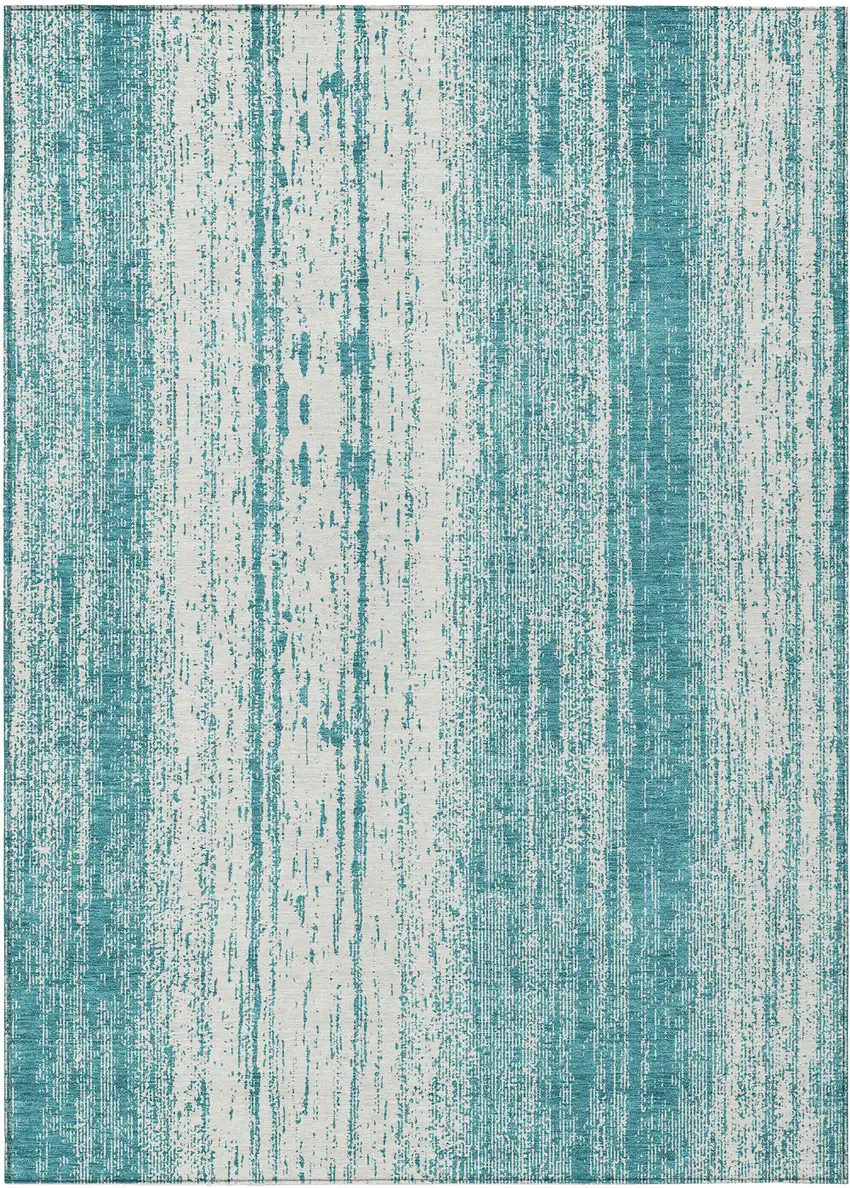 Teal Blue And Ivory Striped Washable Indoor Outdoor Area Rug Photo 2