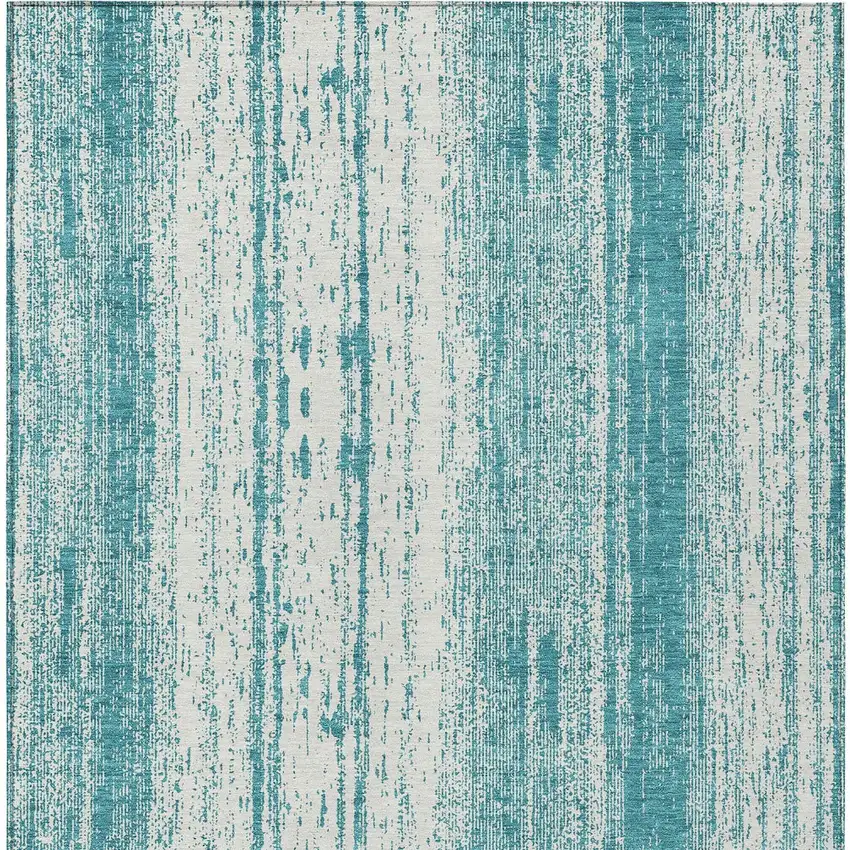 Teal Blue And Ivory Striped Washable Indoor Outdoor Area Rug Photo 7