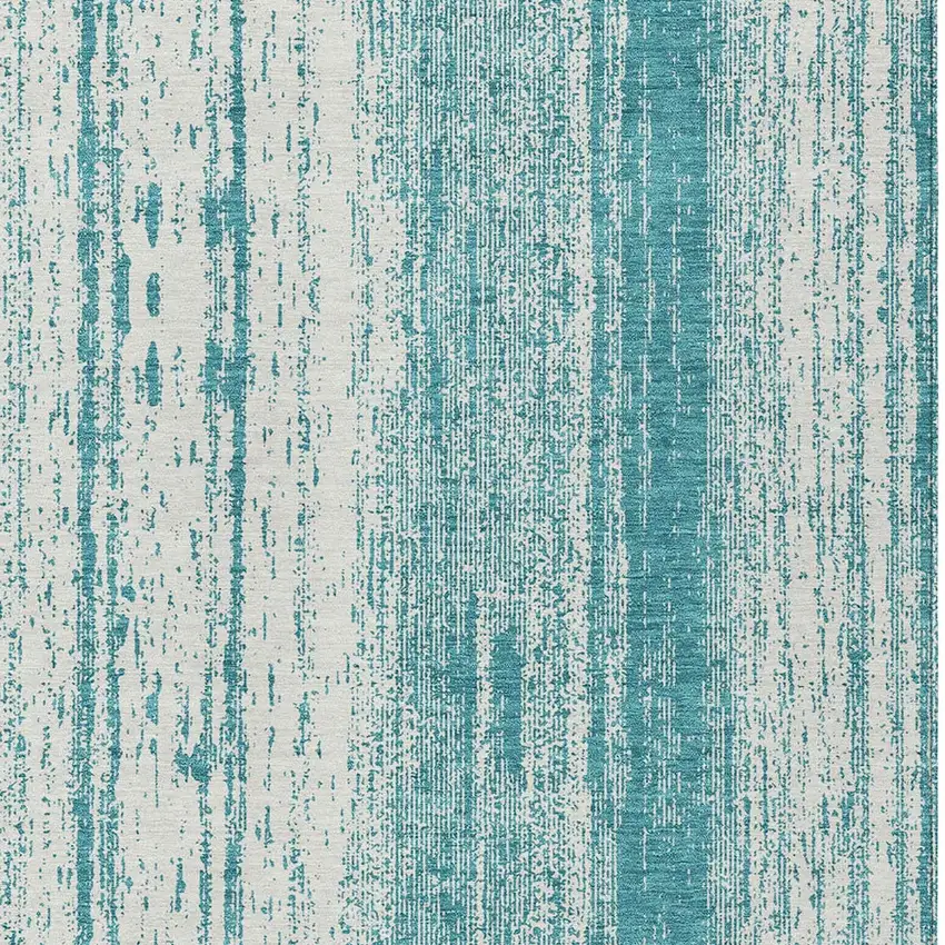Teal Blue And Ivory Striped Washable Indoor Outdoor Area Rug Photo 6