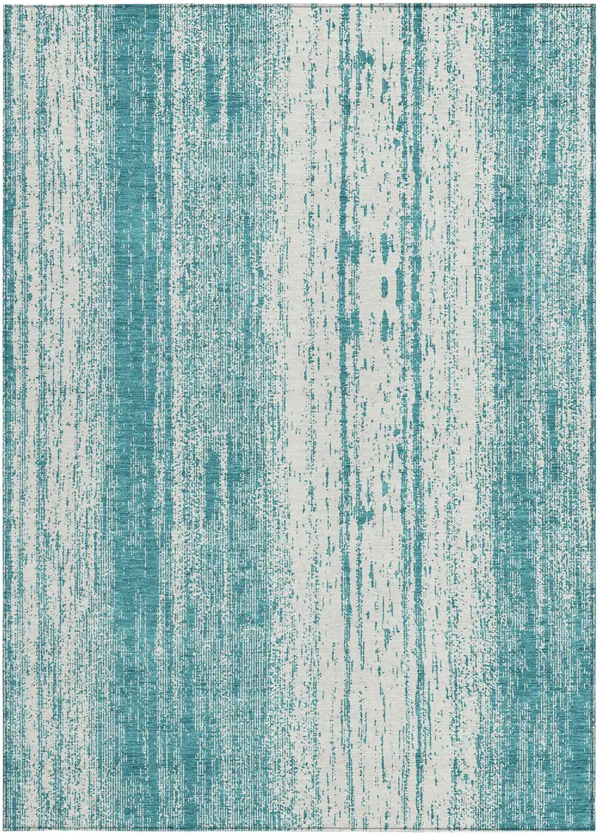Teal Blue And Ivory Striped Washable Indoor Outdoor Area Rug Photo 7