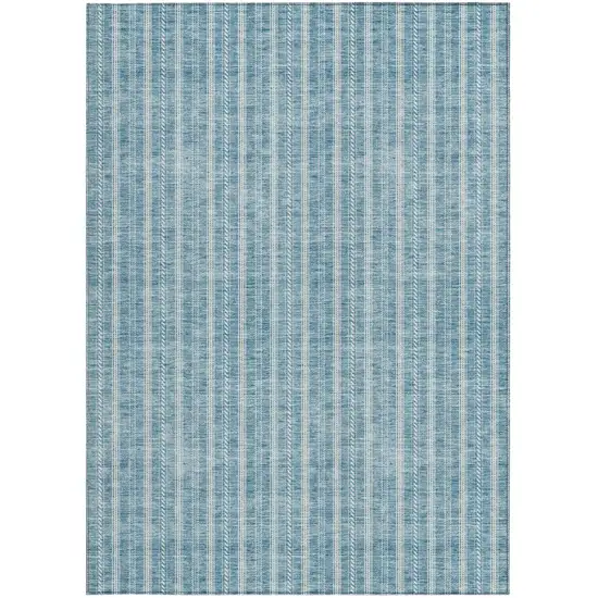 Teal Blue And Ivory Striped Washable Indoor Outdoor Area Rug Photo 6