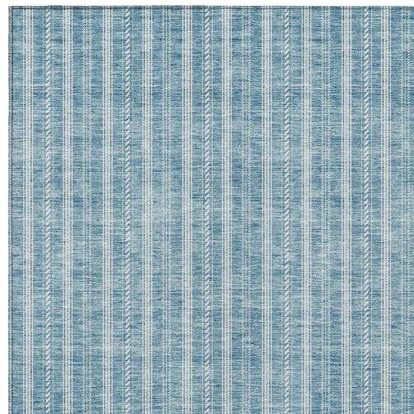 Teal Blue And Ivory Striped Washable Indoor Outdoor Area Rug Photo 5