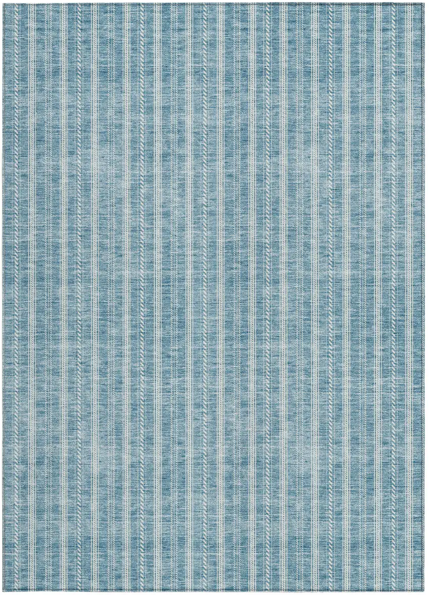 Teal Blue And Ivory Striped Washable Indoor Outdoor Area Rug Photo 6
