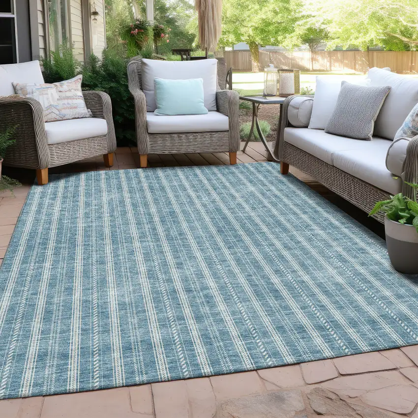 Teal Blue And Ivory Striped Washable Indoor Outdoor Area Rug Photo 7