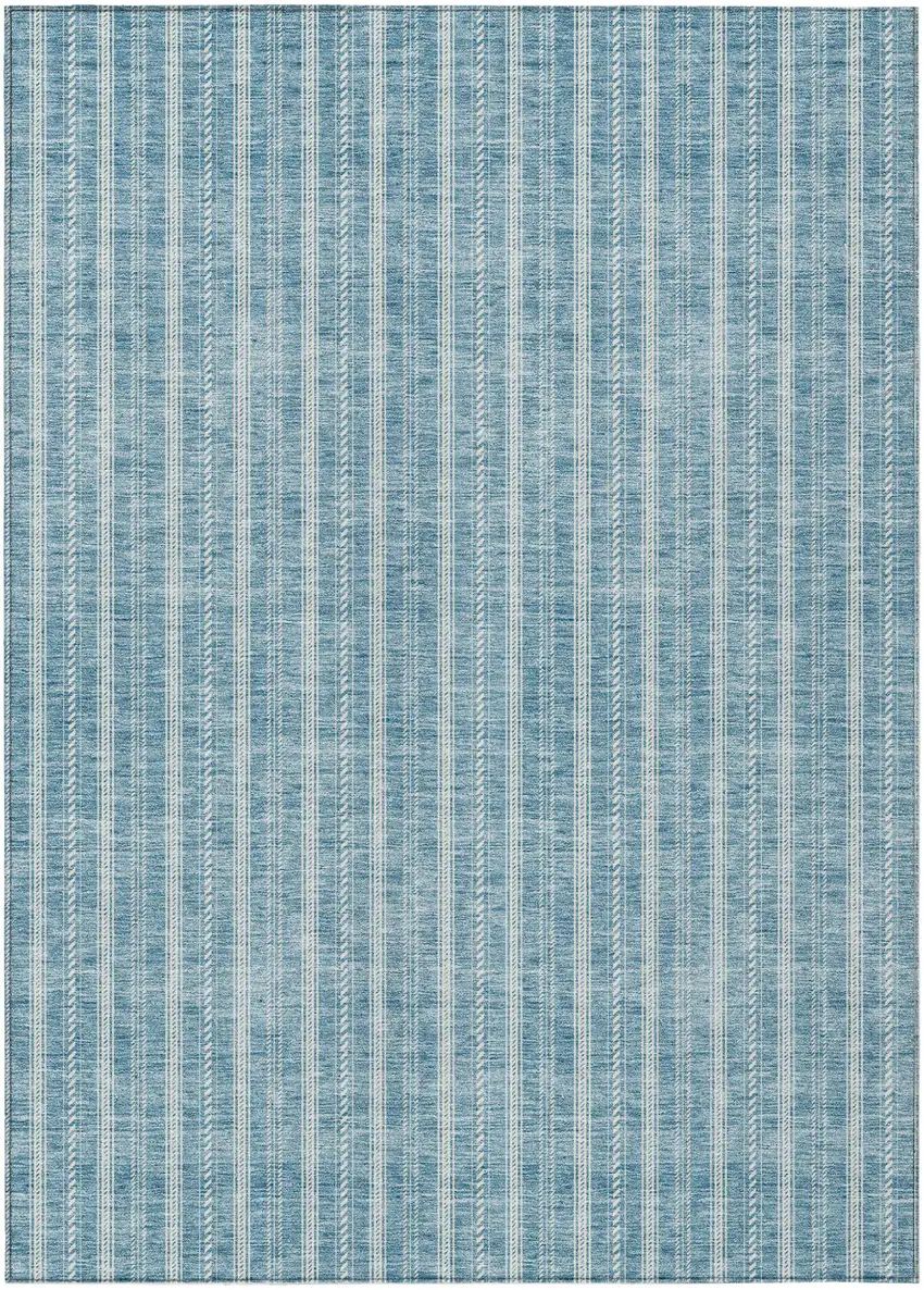 Teal Blue And Ivory Striped Washable Indoor Outdoor Area Rug Photo 2