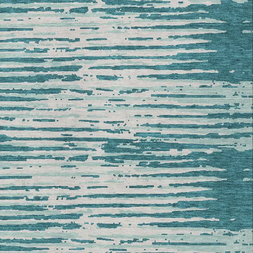 Teal Blue And Ivory Striped Washable Indoor Outdoor Area Rug Photo 6