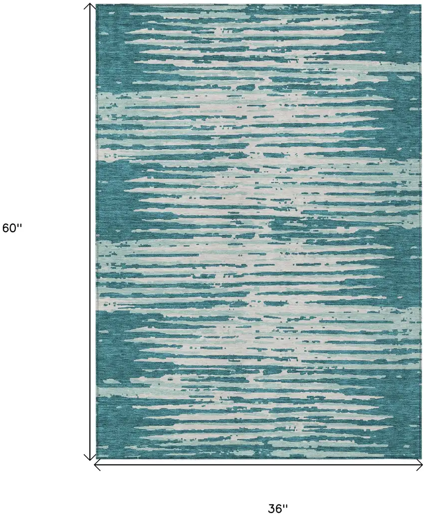 Teal Blue And Ivory Striped Washable Indoor Outdoor Area Rug Photo 3