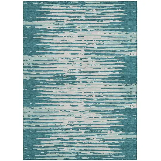 Teal Blue And Ivory Striped Washable Indoor Outdoor Area Rug Photo 7