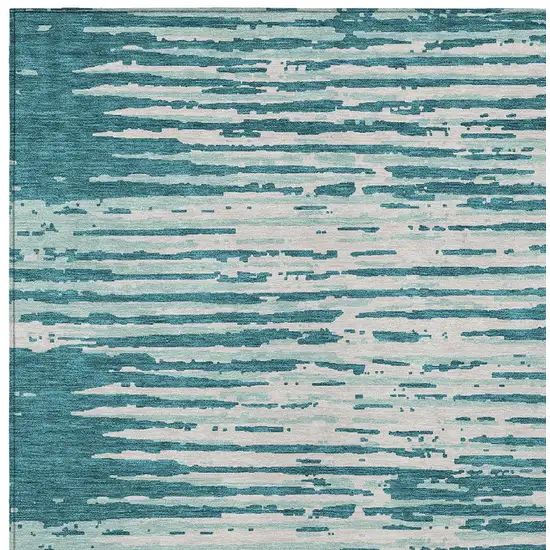 Teal Blue And Ivory Striped Washable Indoor Outdoor Area Rug Photo 6