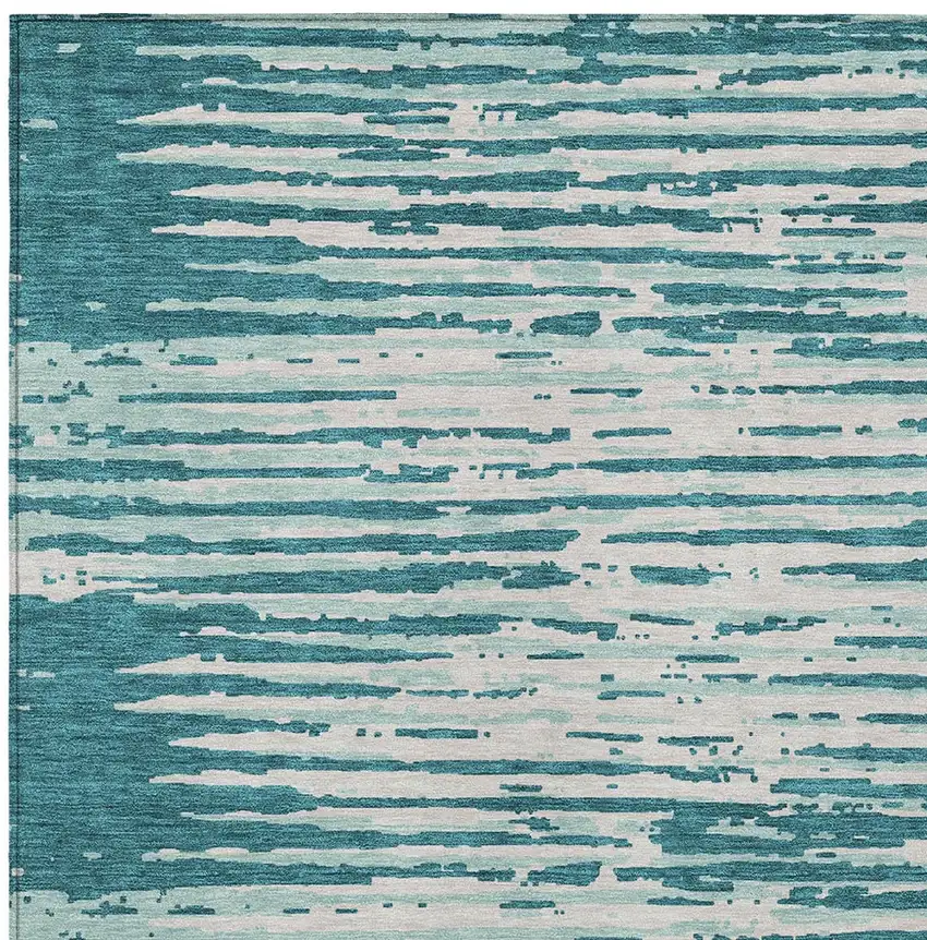 Teal Blue And Ivory Striped Washable Indoor Outdoor Area Rug Photo 6