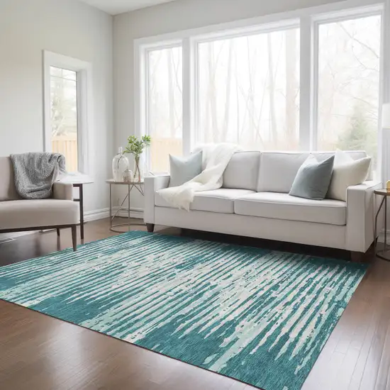 Teal Blue And Ivory Striped Washable Indoor Outdoor Area Rug Photo 9
