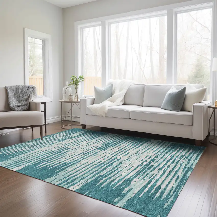 Teal Blue And Ivory Striped Washable Indoor Outdoor Area Rug Photo 9