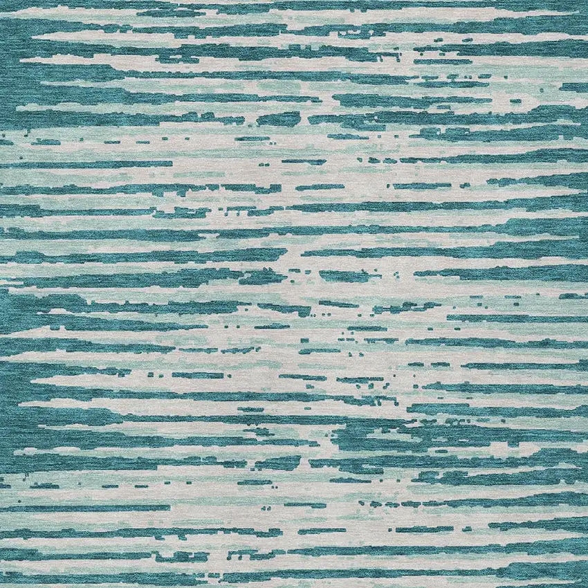 Teal Blue And Ivory Striped Washable Indoor Outdoor Area Rug Photo 6